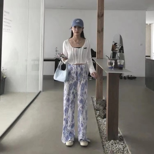 Wide leg pants women's high waist drop summer thin ink dyed pleated toothpick pants loose and slim floor length pants