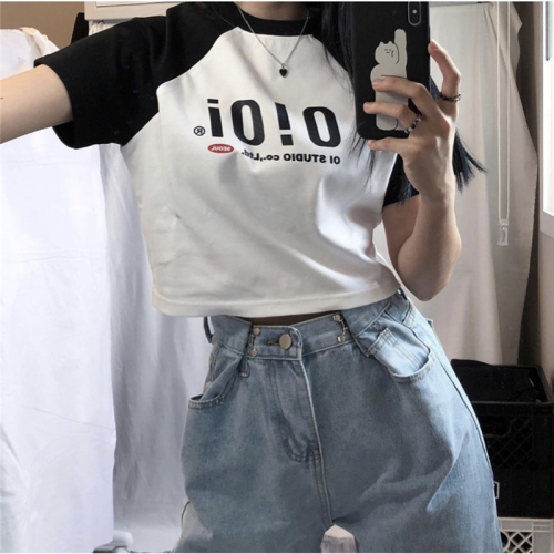 Summer campus retro girl letter print raglan sleeve contrast short T-Shirt Top Korea