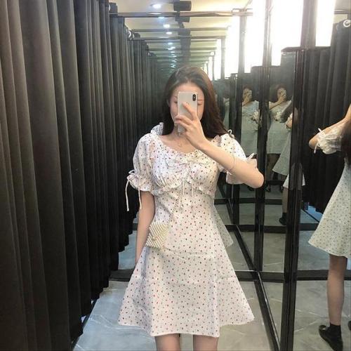 Garden Style Floral Dress spring and summer new Platycodon grandiflorum French blue collar bubble sleeve slim dress