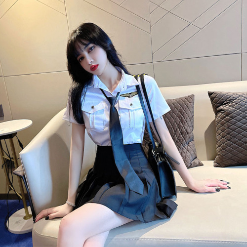 Live shot stewardess uniform female summer nightclub bar work clothes Navy professional short sleeve tie shirt suit