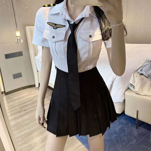 Live shot stewardess uniform female summer nightclub bar work clothes Navy professional short sleeve tie shirt suit