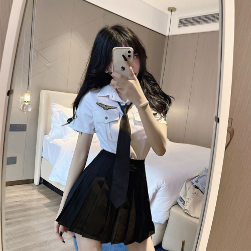 Live shot stewardess uniform female summer nightclub bar work clothes Navy professional short sleeve tie shirt suit