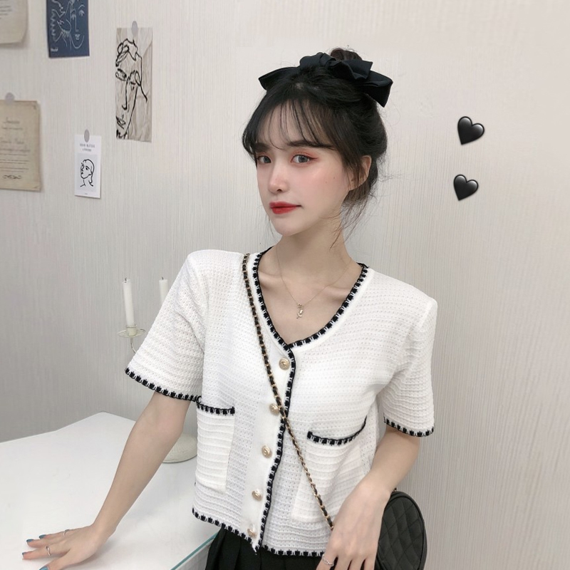 Hong's 2020 summer new style small fragrance short sleeve lady temperament short knitting top thin cardigan