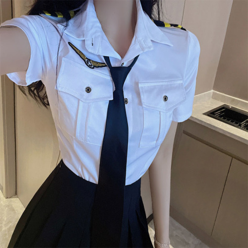 Live shot stewardess uniform female summer nightclub bar work clothes Navy professional short sleeve tie shirt suit