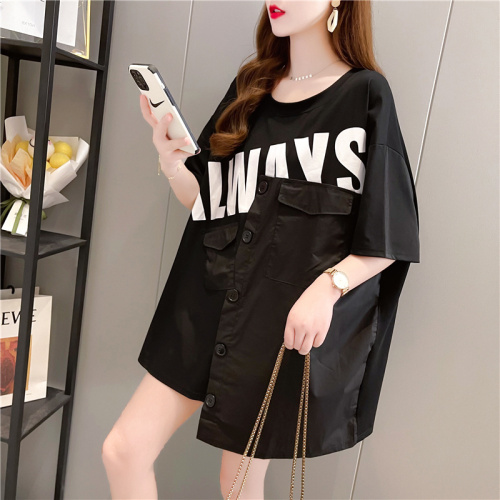 Real shot cotton net red same short sleeve T-shirt women's summer new round neck middle long student top large women's dress