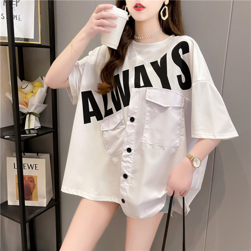Real shot cotton net red same short sleeve T-shirt women's summer new round neck middle long student top large women's dress