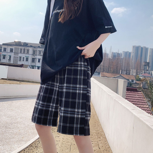 Summer loose new high waist 5-point Chinese pants Hong Kong style straight tube thin plaid pants fashion