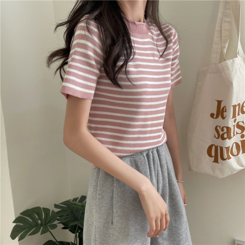 Real price ~ thin striped thin knitwear short sleeve t-shirt female student isn top bottom shirt
