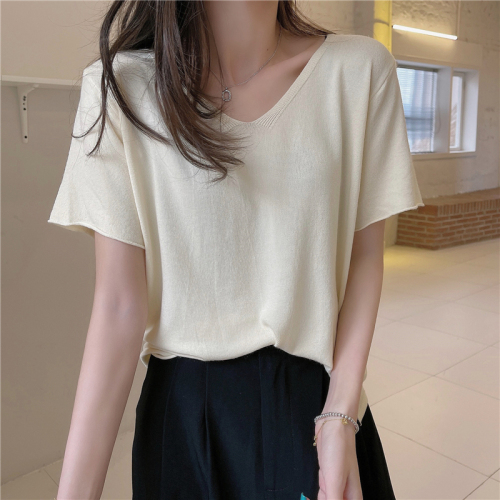 Real shot real price Korean V-Neck Sweater short sleeve T-shirt slim slim blouse women