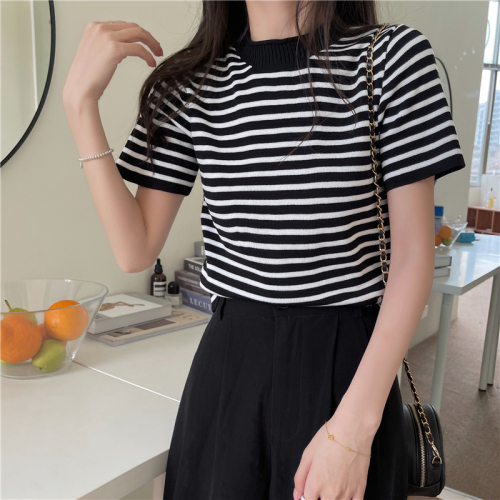 Real price ~ thin striped thin knitwear short sleeve t-shirt female student isn top bottom shirt