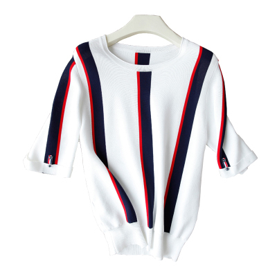 Ice silk T-shirt women's thin loose medium sleeve bottom shirt summer new Pullover striped top