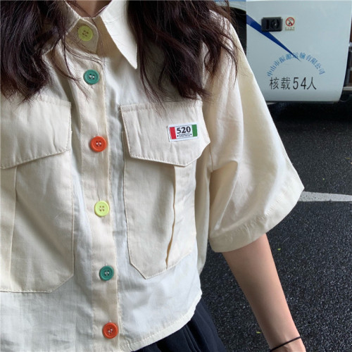 Real price ~ color button short sleeve shirt + medium length A-line skirt