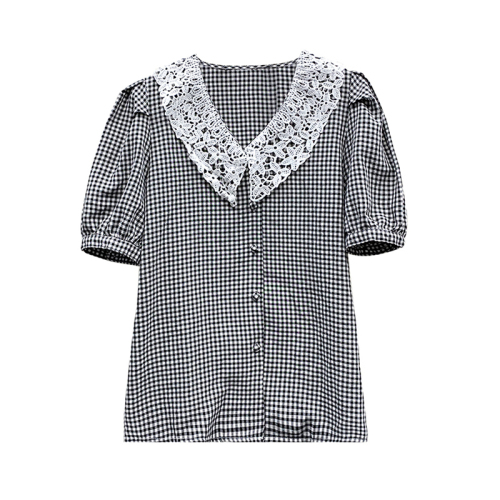Korean literature Plaid short sleeve women's summer retro sweet Lace Baby collar bubble sleeve shirt versatile top