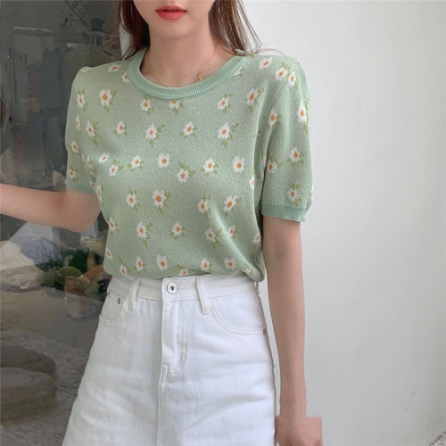 Wool floral knitwear short sleeve T-shirt women's new summer women's short top
