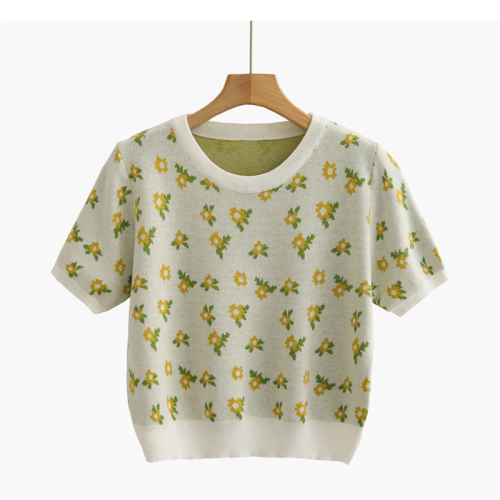 Wool floral knitwear short sleeve T-shirt women's new summer women's short top