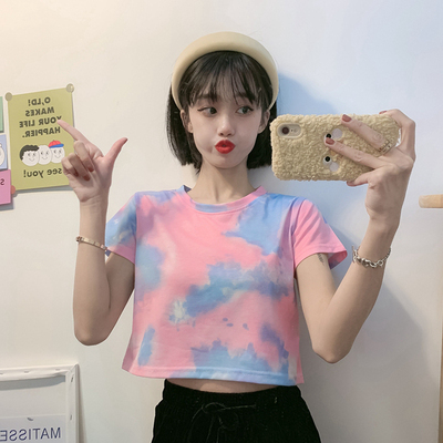 Short Korean tie dyed Hong Kong Style shorts open belly short sleeve t-shirt female loose student top