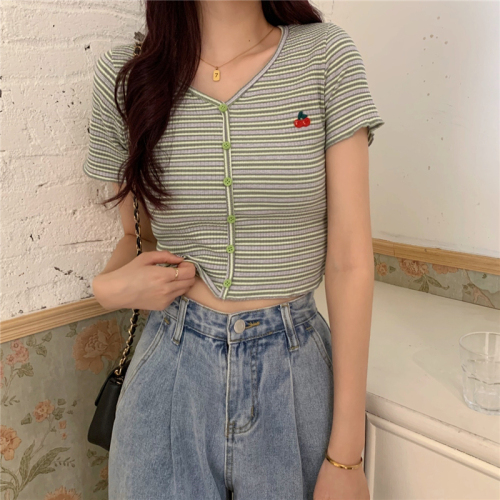 Real price cherry embroidery stripe t-shirt female V-neck short sleeve slim high waist short top