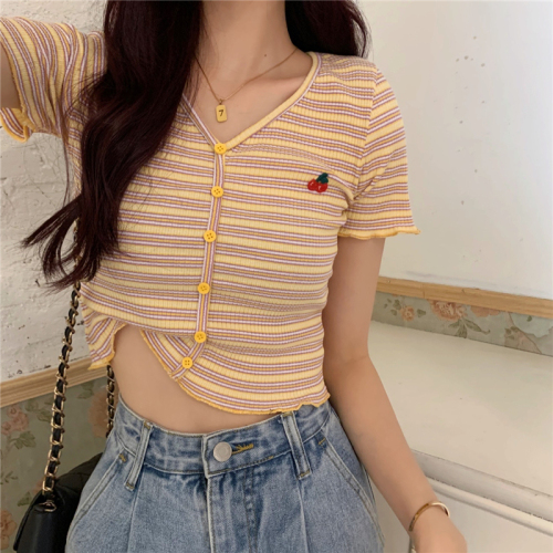 Real price cherry embroidery stripe t-shirt female V-neck short sleeve slim high waist short top