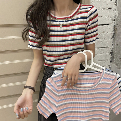 Real price new versatile elastic slim Rainbow Stripe pit strip short sleeve top with bottom coat