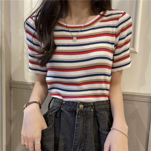Real price new versatile elastic slim Rainbow Stripe pit strip short sleeve top with bottom coat