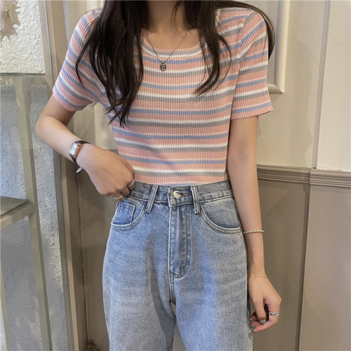 Real price new versatile elastic slim Rainbow Stripe pit strip short sleeve top with bottom coat