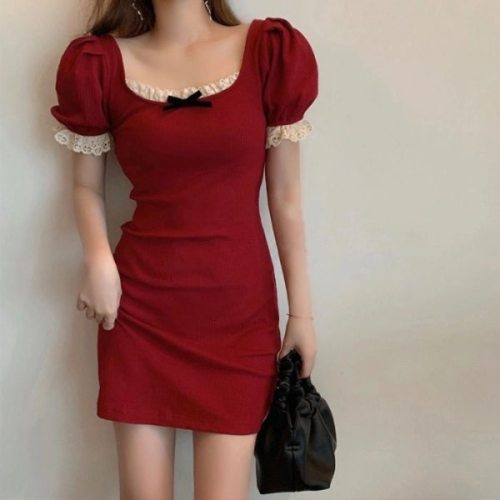 New style BOW LACE square neck stitched waist dress women's French retro bubble sleeve hip skirt