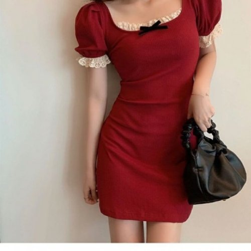 New style BOW LACE square neck stitched waist dress women's French retro bubble sleeve hip skirt