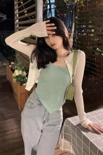 Wine afternoon Hong Kong style retro spring and summer new Plaid suspender waistcoat short style to show slim belly pocket top