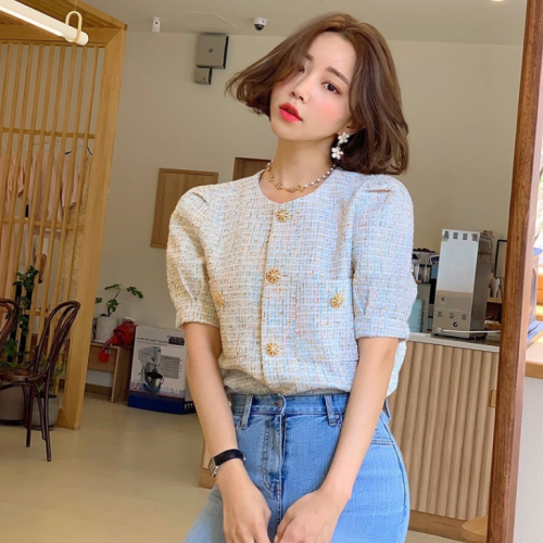 Short coat women's small fragrance round neck short sleeve gold button mixed gold bright silk top