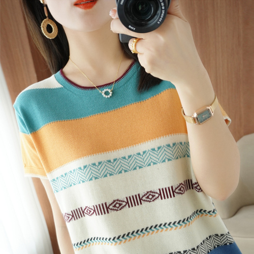 Summer cotton hemp stripe short sleeve T-shirt women  new pure cotton contrast Rainbow Stripe T-shirt slim top