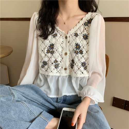 Spring new French style retro temperament hook flower hollow out Daisy embroidery loose V-neck chiffon shirt blouse