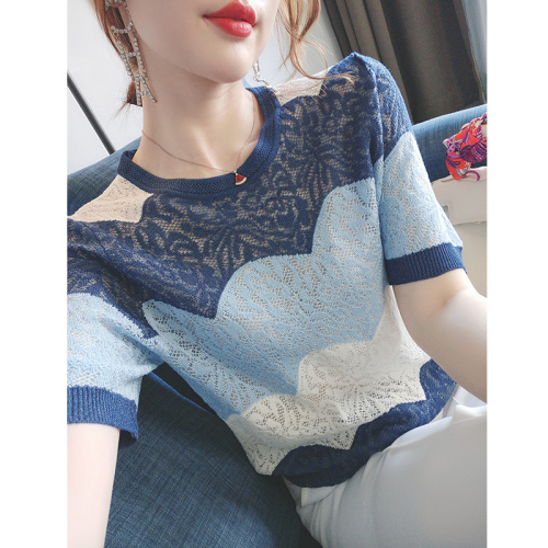 Shuaifen ~ dyed pine mist blue, foreign style and white,  summer new short sleeve hollow out ice silk knitted T-shirt for women