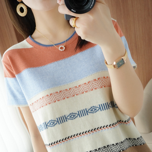 Summer cotton hemp stripe short sleeve T-shirt women  new pure cotton contrast Rainbow Stripe T-shirt slim top