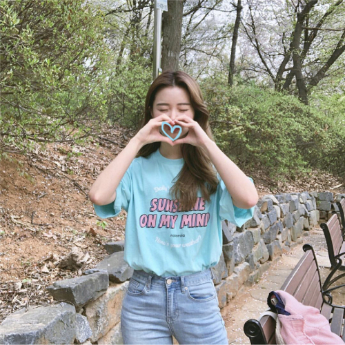 Protected ins Girl Makaron Tri-colour Letter Printed Short-sleeved T-shirt tee Shirt College Summer Korea