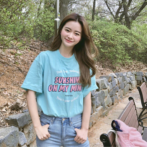 Protected ins Girl Makaron Tri-colour Letter Printed Short-sleeved T-shirt tee Shirt College Summer Korea