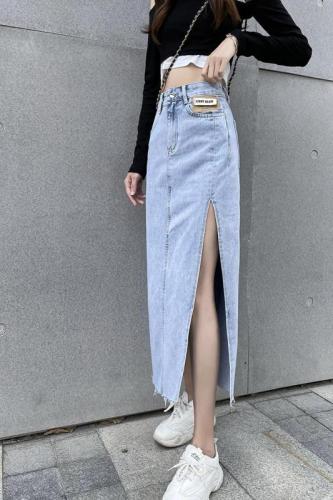 Net red with high waist and thin buttocks washed gradient split mid length denim skirt