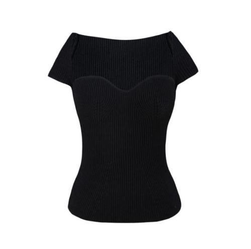 Sexy curved neckline knitted T-shirt short slim short sleeve bottomed top female