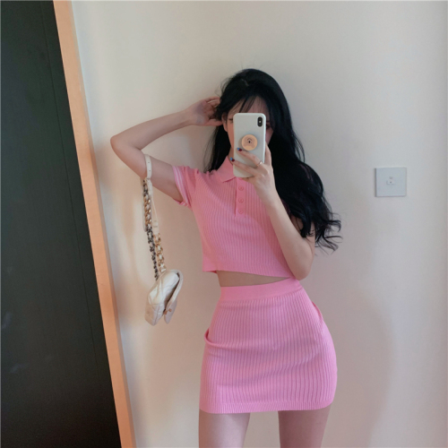 Summer stripe sweet little fresh two piece skirt with buttocks, women's slim high waist skirt, T-shirt suit