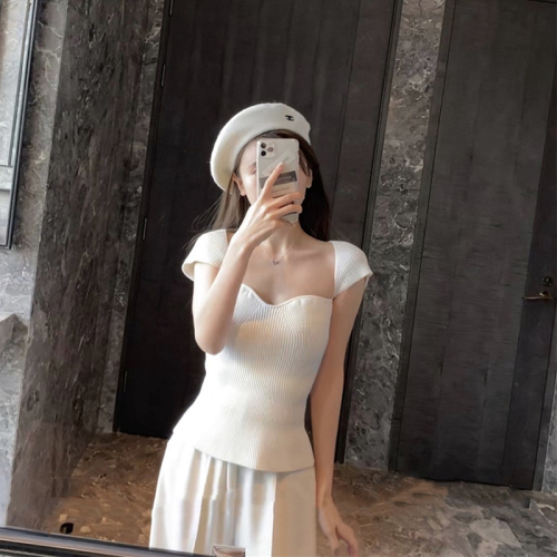 Sexy curved neckline knitted T-shirt short slim short sleeve bottomed top female