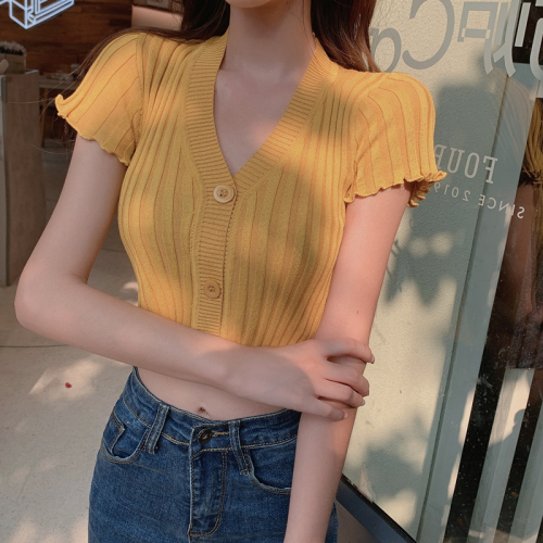 New Korean cardigan thin short sleeve Knitted Top Women's summer short elegant open navel top