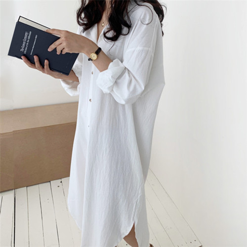 Korean dovetail single breasted slit shirt long skirt 2021pol collar cotton hemp shirt dress long sleeve large size