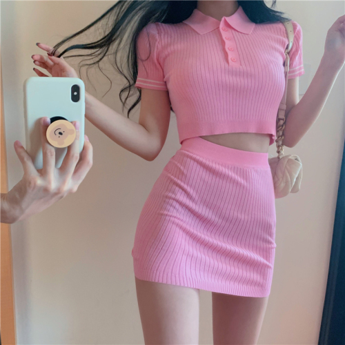 Summer stripe sweet little fresh two piece skirt with buttocks, women's slim high waist skirt, T-shirt suit