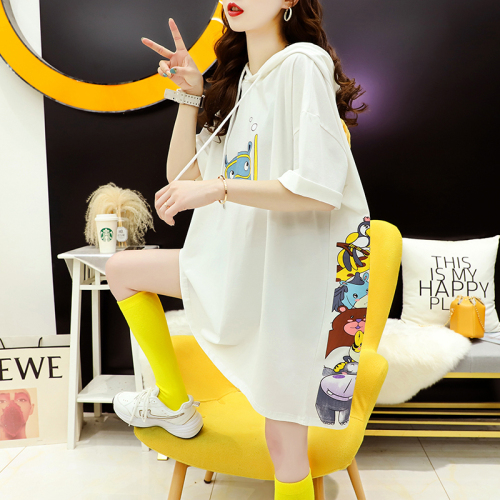 Official photo Korean cartoon hooded short sleeve T-shirt women's loose medium length  new summer European large edition top