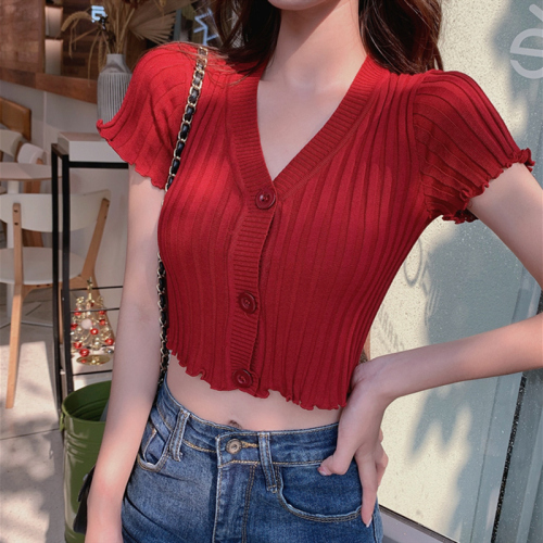 New Korean cardigan thin short sleeve Knitted Top Women's summer short elegant open navel top