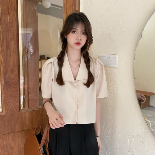 Real price real shot summer Korean square neck bubble sleeve can be sweet or salt gentle temperament loose short suit shirt