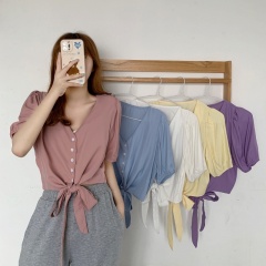 Real shot real price summer ice candy color buckle knot design Short Sleeve Shirt