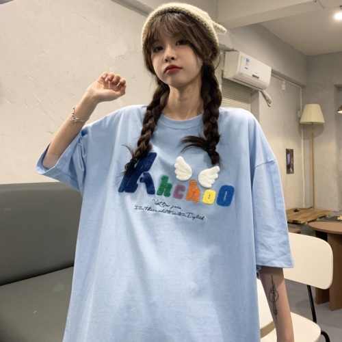 Real shot short sleeve T-shirt women's towel embroidery medium length loose half sleeve top summer