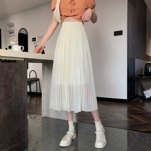 Real price ~ Pleated Chiffon Skirt women's 2021 summer swing medium length versatile A-line elastic waist skirt