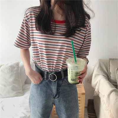 Korean new color contrast stripes and short sleeve T-shirt women's loose top student
