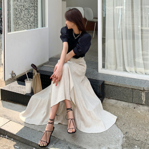Elastic waist irregular cotton hemp half length swing skirt